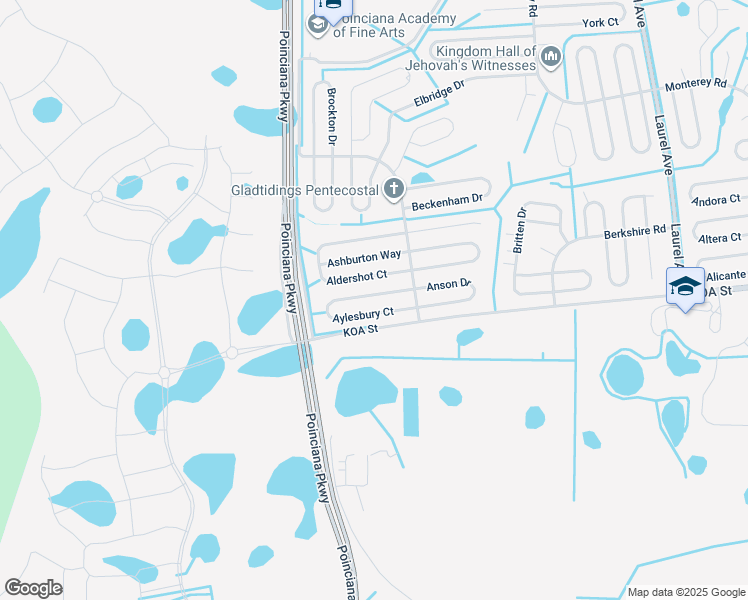 map of restaurants, bars, coffee shops, grocery stores, and more near 307 Aldershot Court in Kissimmee