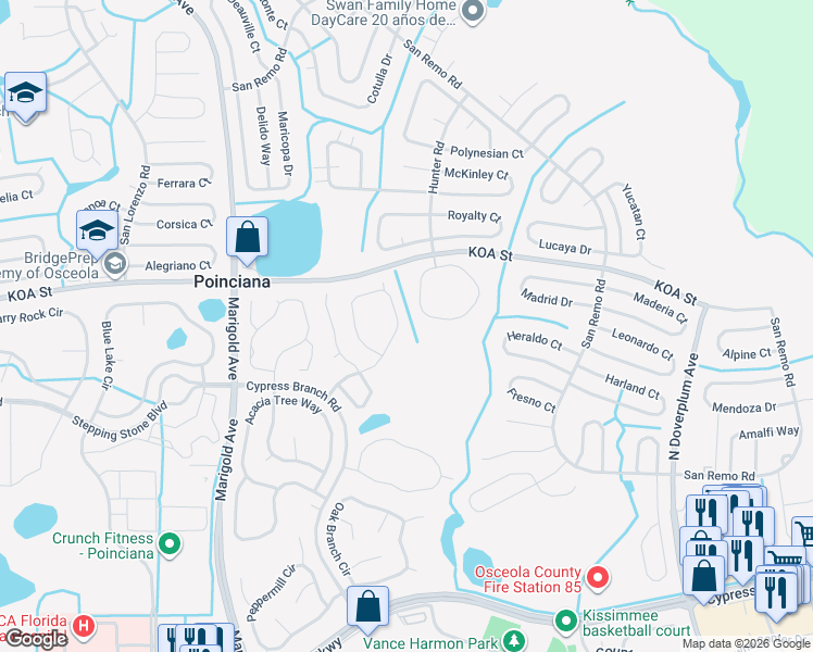 map of restaurants, bars, coffee shops, grocery stores, and more near 4526 Ficus Tree Road in Kissimmee
