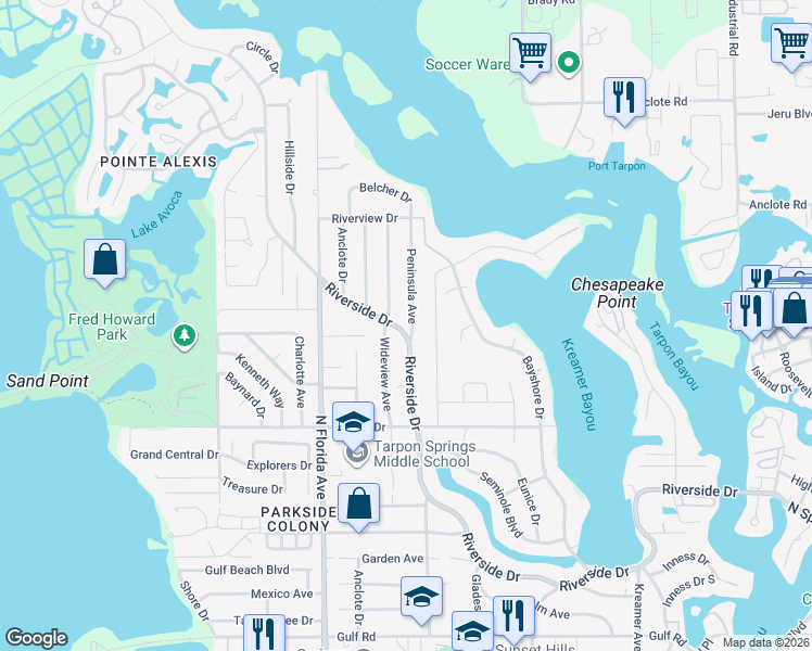 map of restaurants, bars, coffee shops, grocery stores, and more near 900 Riverside Drive in Tarpon Springs