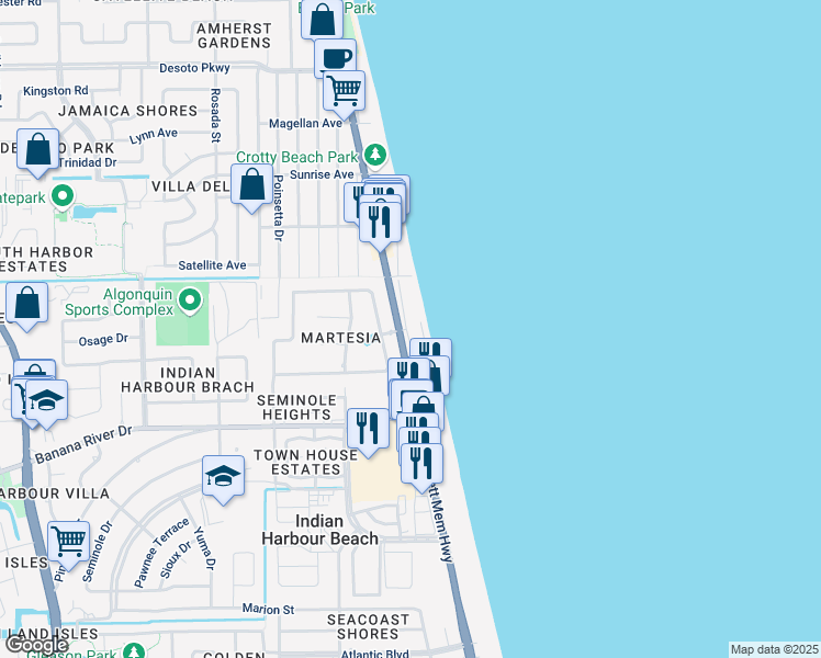 map of restaurants, bars, coffee shops, grocery stores, and more near 1791 Florida A1A in Indian Harbour Beach