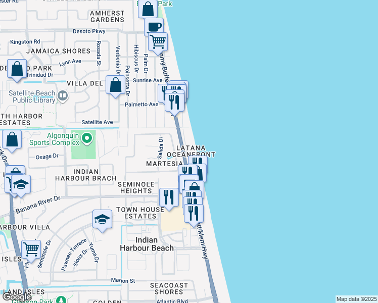 map of restaurants, bars, coffee shops, grocery stores, and more near 1851 Highway A1A in Satellite Beach