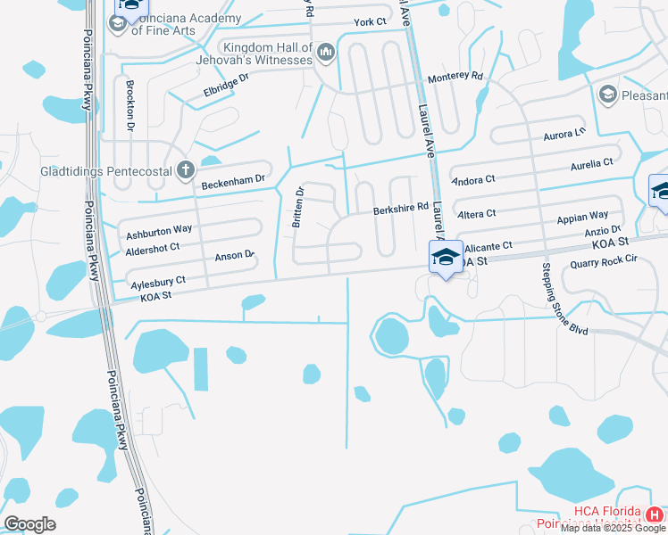 map of restaurants, bars, coffee shops, grocery stores, and more near 105 Brixham Court in Kissimmee