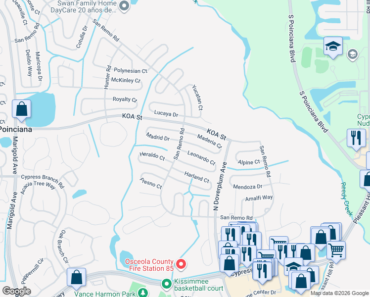 map of restaurants, bars, coffee shops, grocery stores, and more near 768 Leonardo Court in Kissimmee