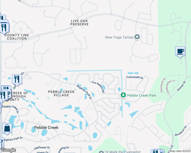 map of restaurants, bars, coffee shops, grocery stores, and more near 18509 Ambly Lane in Tampa