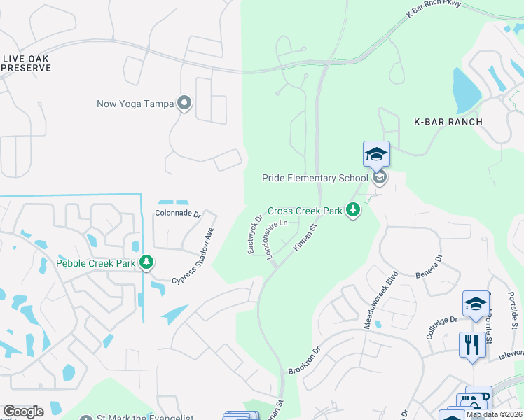 map of restaurants, bars, coffee shops, grocery stores, and more near 18430 Eastwyck Drive in Tampa