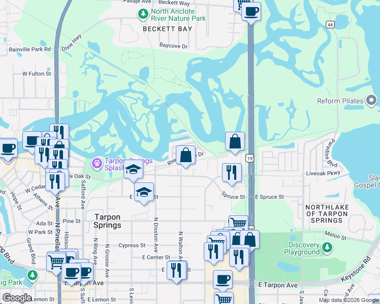 map of restaurants, bars, coffee shops, grocery stores, and more near 822 Riverview Lane in Tarpon Springs