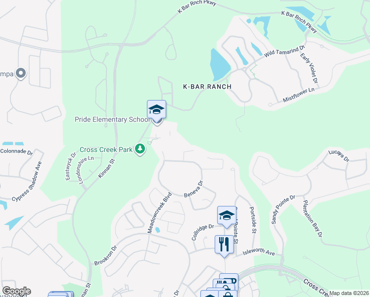 map of restaurants, bars, coffee shops, grocery stores, and more near 18414 Meadow Blossom Lane in Tampa