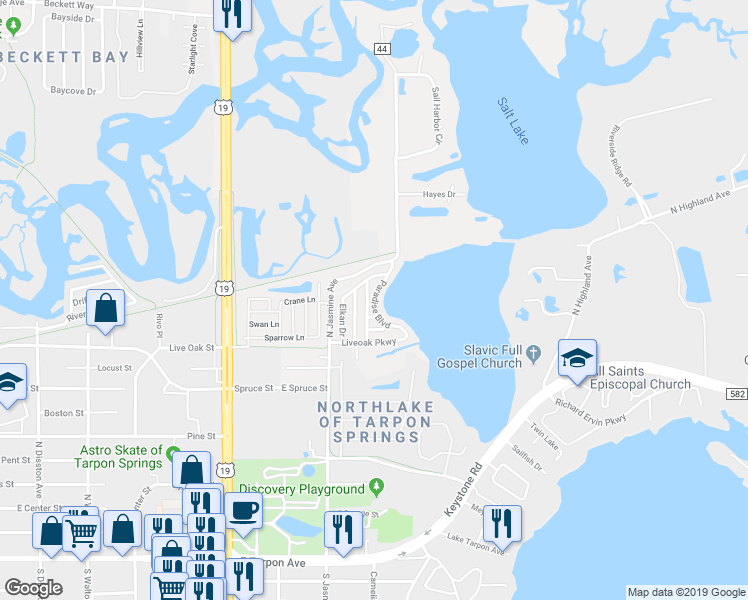 map of restaurants, bars, coffee shops, grocery stores, and more near 829 Paradise Boulevard in Tarpon Springs