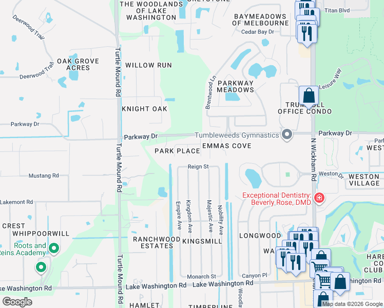 map of restaurants, bars, coffee shops, grocery stores, and more near 3515 Serenity Lane in Melbourne