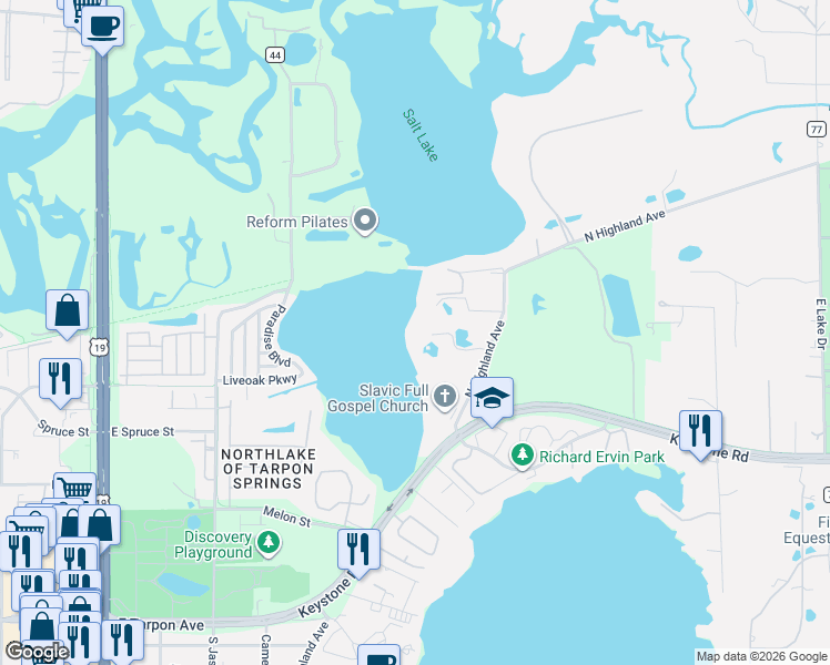 map of restaurants, bars, coffee shops, grocery stores, and more near 732 North Highland Avenue in Tarpon Springs