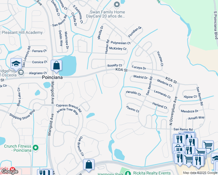 map of restaurants, bars, coffee shops, grocery stores, and more near 449 Hunter Circle in Kissimmee