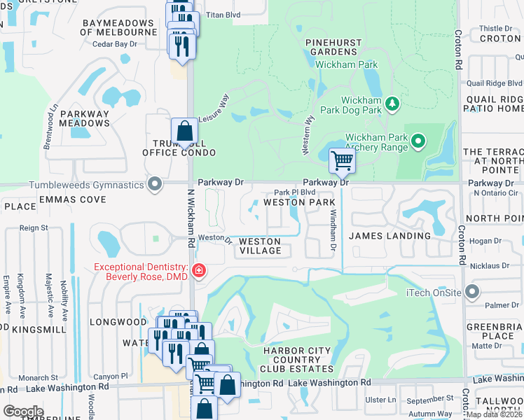 map of restaurants, bars, coffee shops, grocery stores, and more near 2665 Park Place Boulevard in Melbourne