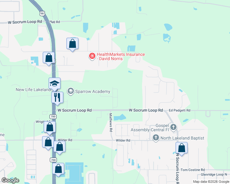 map of restaurants, bars, coffee shops, grocery stores, and more near 411 West Socrum Loop Road in Lakeland