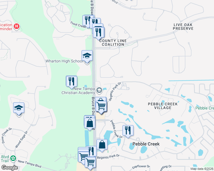 map of restaurants, bars, coffee shops, grocery stores, and more near 10426 Mulligan Court in Tampa