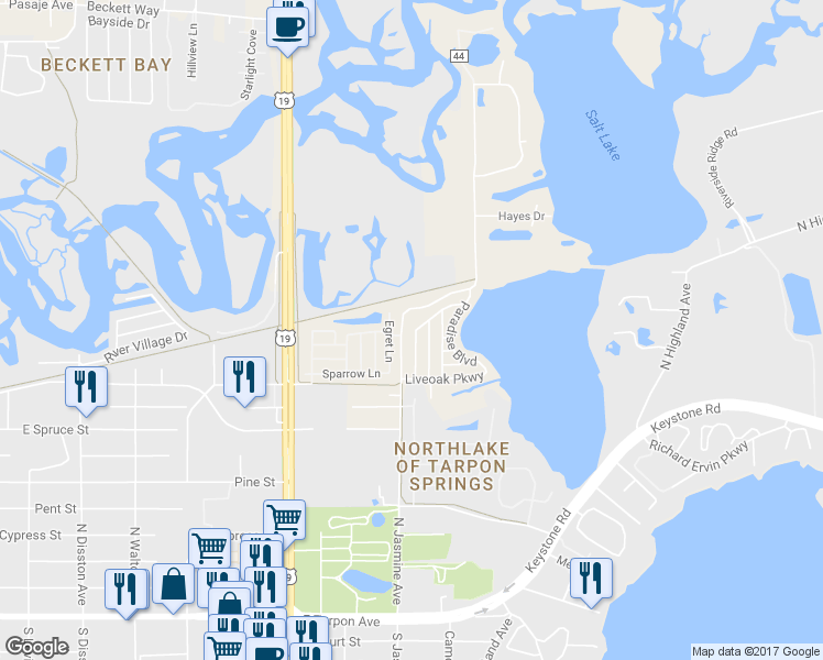 map of restaurants, bars, coffee shops, grocery stores, and more near 823 Elkan Drive in Tarpon Springs