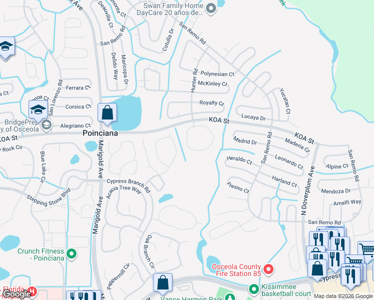 map of restaurants, bars, coffee shops, grocery stores, and more near 473 Hunter Circle in Poinciana