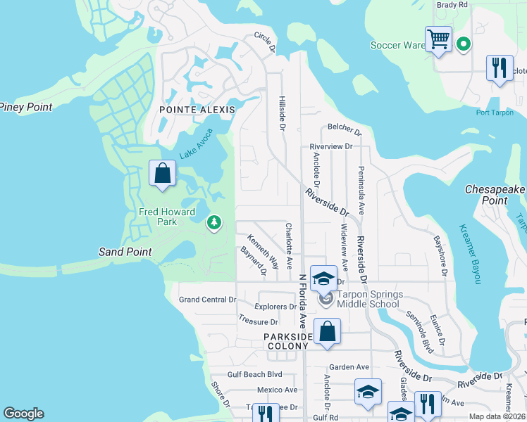 map of restaurants, bars, coffee shops, grocery stores, and more near 1702 Avoca Drive in Tarpon Springs