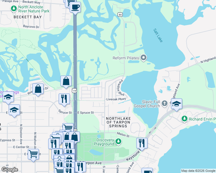 map of restaurants, bars, coffee shops, grocery stores, and more near 823 Elkan Drive in Tarpon Springs
