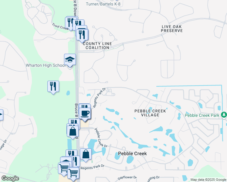 map of restaurants, bars, coffee shops, grocery stores, and more near 18910 Pebble Links Circle in Tampa
