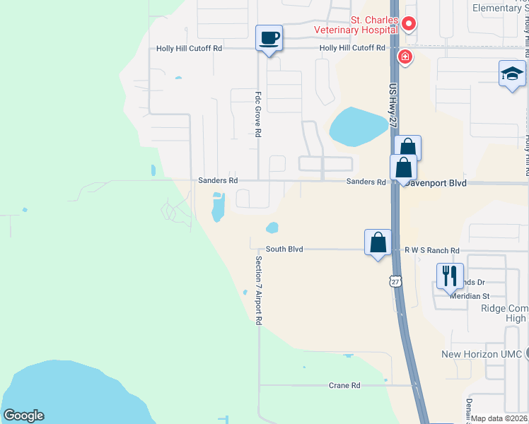 map of restaurants, bars, coffee shops, grocery stores, and more near 156 Foxtail Loop in Davenport