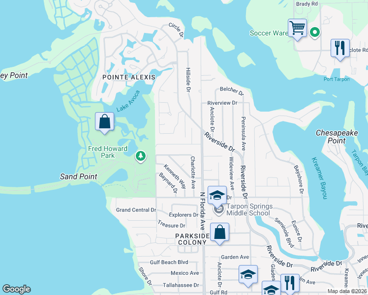 map of restaurants, bars, coffee shops, grocery stores, and more near 1702 Avoca Drive in Tarpon Springs