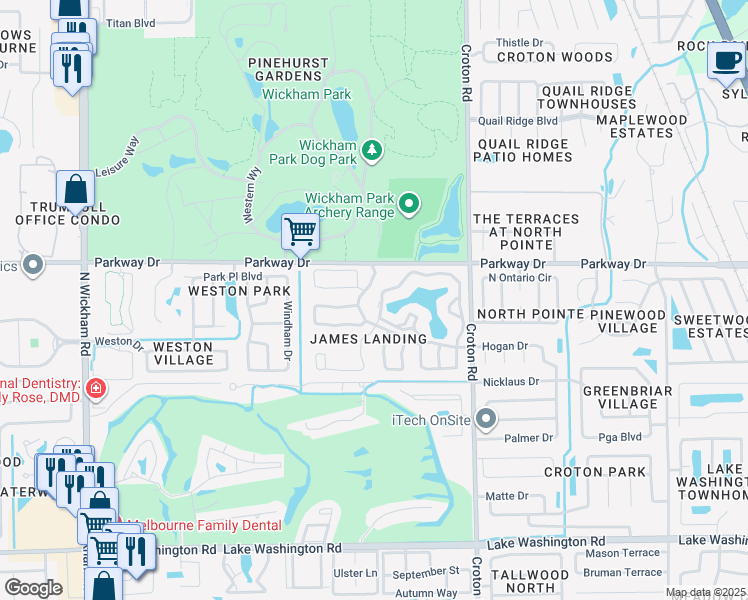 map of restaurants, bars, coffee shops, grocery stores, and more near 3051 Savannah Way in Melbourne