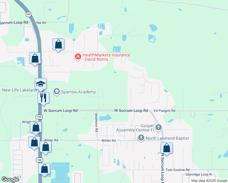 map of restaurants, bars, coffee shops, grocery stores, and more near 411 West Socrum Loop Road in Lakeland