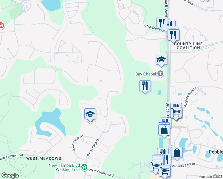 map of restaurants, bars, coffee shops, grocery stores, and more near 19160 Lake Audubon Drive in Tampa