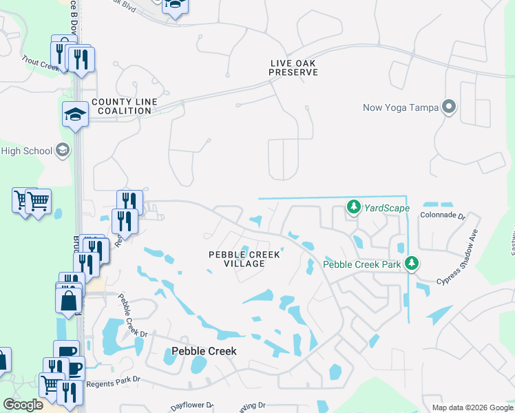 map of restaurants, bars, coffee shops, grocery stores, and more near 9301 Brookhurst Court in Tampa