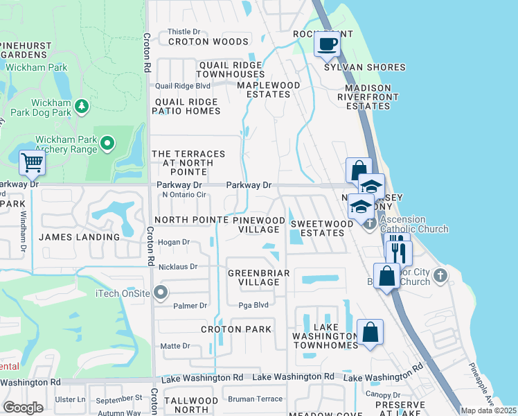map of restaurants, bars, coffee shops, grocery stores, and more near 1702 Parakeet Court in Melbourne