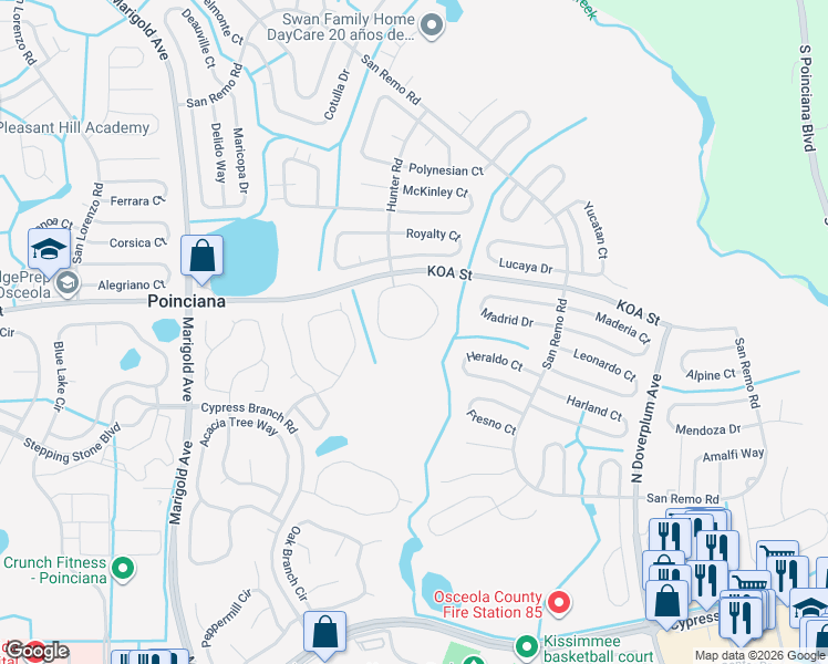 map of restaurants, bars, coffee shops, grocery stores, and more near 489 Hunter Circle in Kissimmee