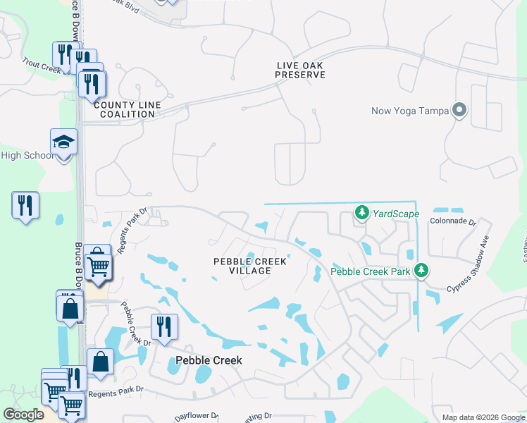map of restaurants, bars, coffee shops, grocery stores, and more near 9301 Brookhurst Court in Tampa