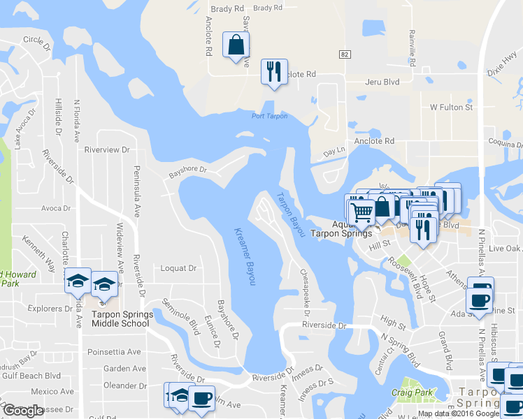 map of restaurants, bars, coffee shops, grocery stores, and more near 35 Chesapeake Point Drive in Tarpon Springs