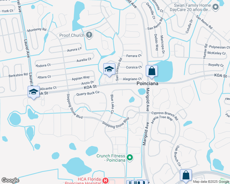 map of restaurants, bars, coffee shops, grocery stores, and more near 339 Blue Lake Circle in Kissimmee