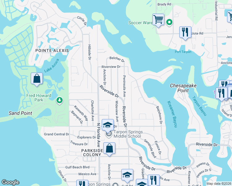 map of restaurants, bars, coffee shops, grocery stores, and more near 912 Riverside Drive in Tarpon Springs