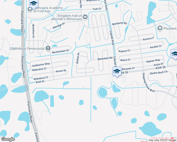 map of restaurants, bars, coffee shops, grocery stores, and more near 105 Brixham Court in Kissimmee