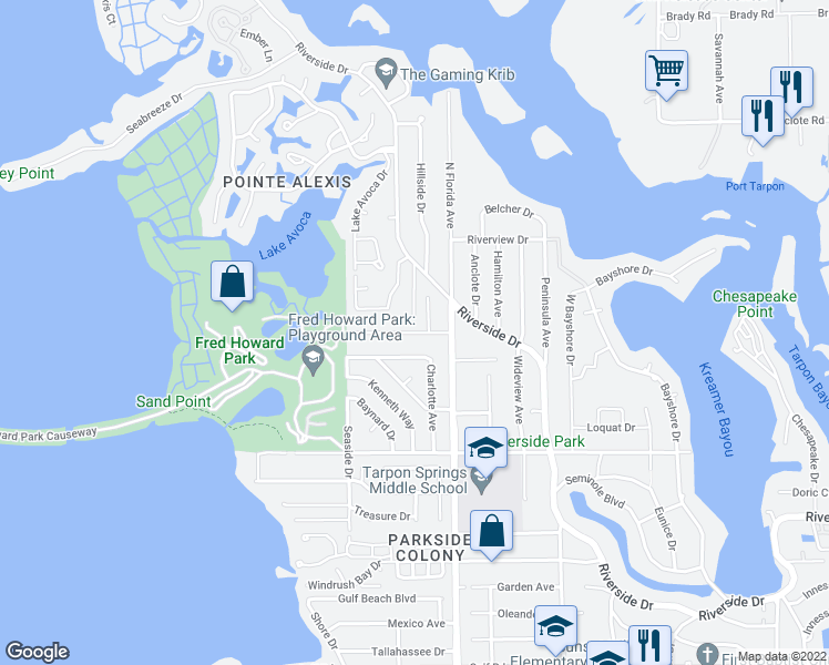map of restaurants, bars, coffee shops, grocery stores, and more near 1606 Avoca Drive in Tarpon Springs