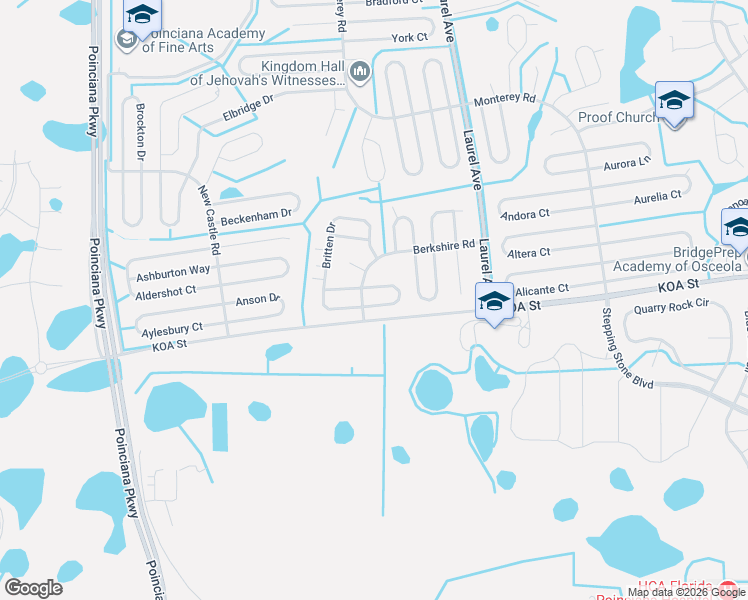 map of restaurants, bars, coffee shops, grocery stores, and more near 105 Brixham Court in Kissimmee