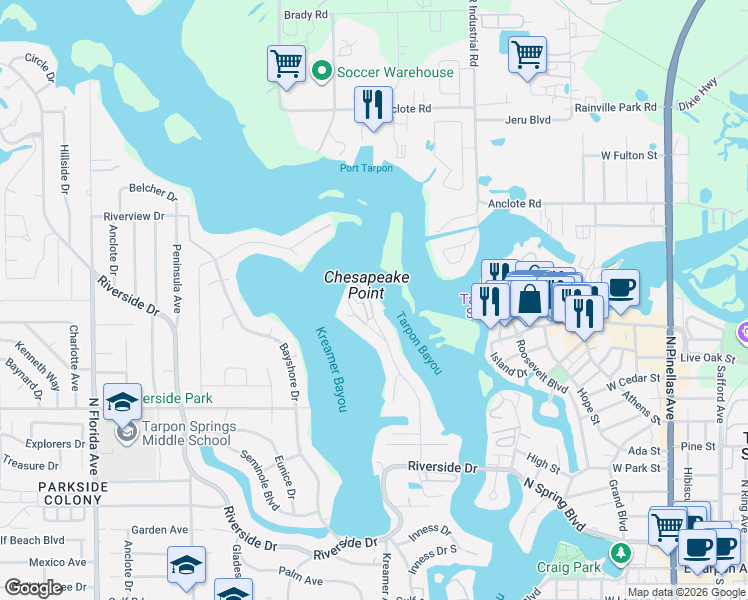 map of restaurants, bars, coffee shops, grocery stores, and more near in Tarpon Springs