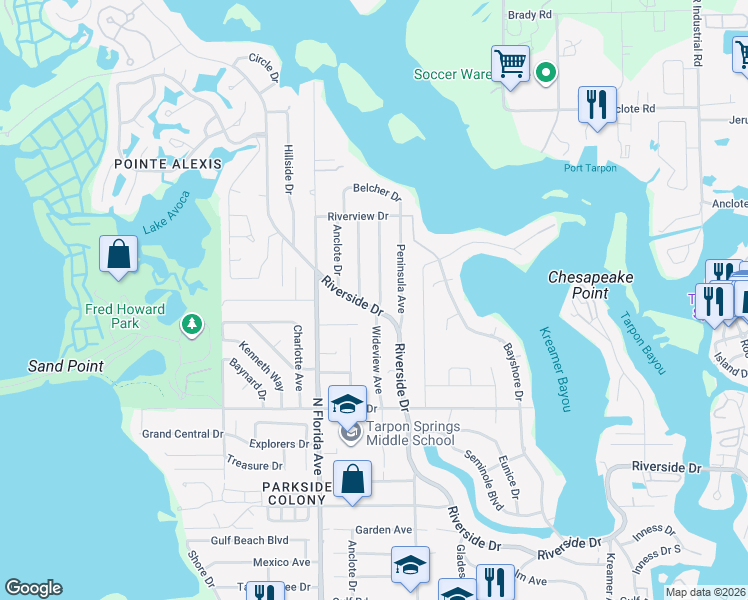map of restaurants, bars, coffee shops, grocery stores, and more near 912 Riverside Drive in Tarpon Springs