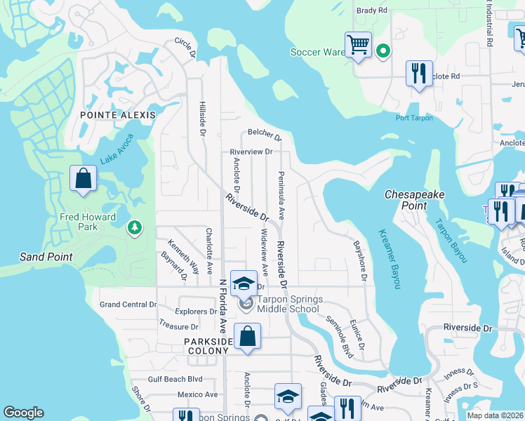 map of restaurants, bars, coffee shops, grocery stores, and more near 912 Riverside Drive in Tarpon Springs