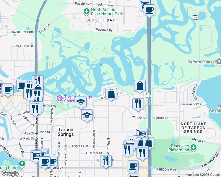 map of restaurants, bars, coffee shops, grocery stores, and more near 822 Riverview Lane in Tarpon Springs