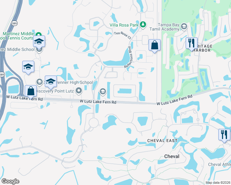 map of restaurants, bars, coffee shops, grocery stores, and more near 19041 Fern Meadow Loop in Lutz