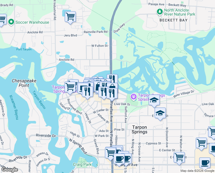 map of restaurants, bars, coffee shops, grocery stores, and more near 1055 North Pinellas Avenue in Tarpon Springs