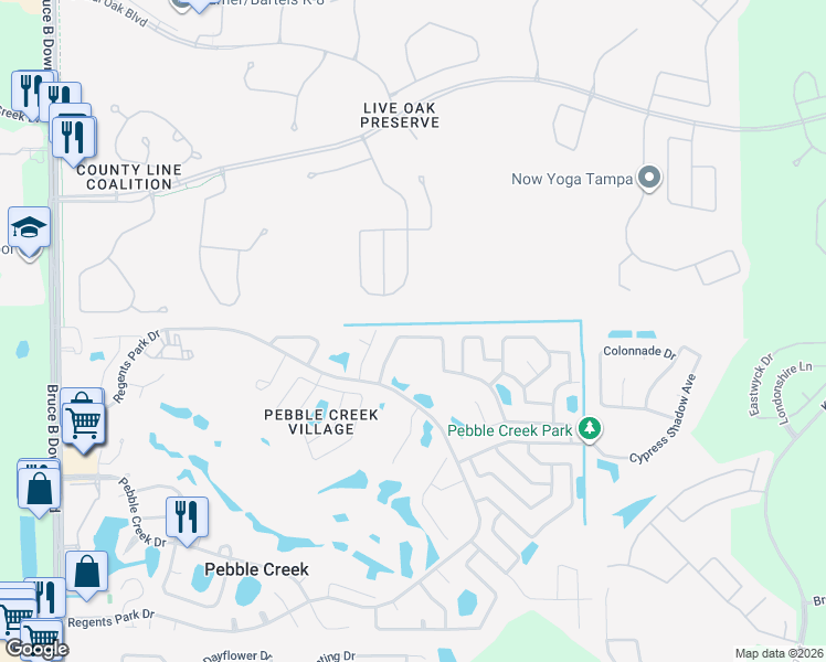 map of restaurants, bars, coffee shops, grocery stores, and more near 9626 Fox Hearst Road in Tampa