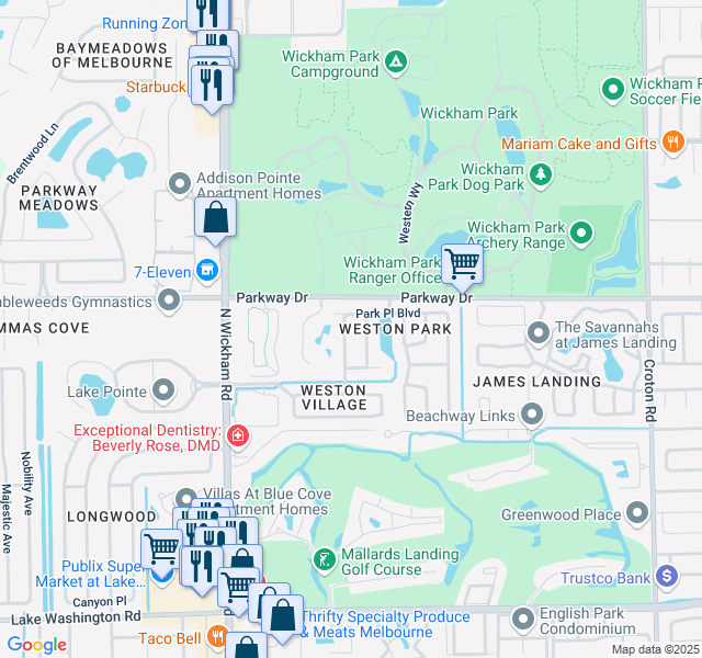 map of restaurants, bars, coffee shops, grocery stores, and more near 2665 Park Place Boulevard in Melbourne