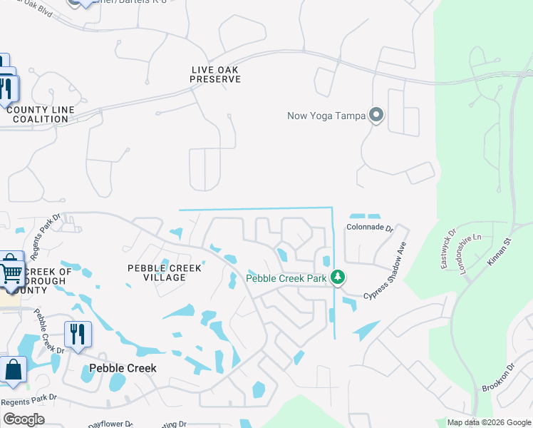 map of restaurants, bars, coffee shops, grocery stores, and more near 18522 Ambly Lane in Tampa