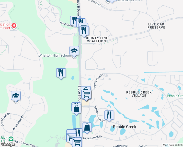 map of restaurants, bars, coffee shops, grocery stores, and more near 10425 Mulligan Court in Tampa