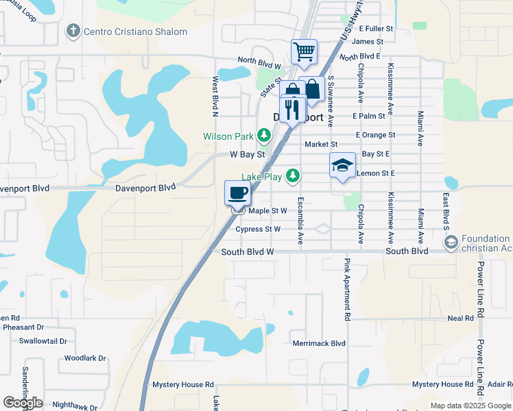 map of restaurants, bars, coffee shops, grocery stores, and more near 210 Maple Street West in Davenport