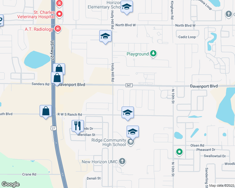 map of restaurants, bars, coffee shops, grocery stores, and more near 577 Disa Drive in Davenport